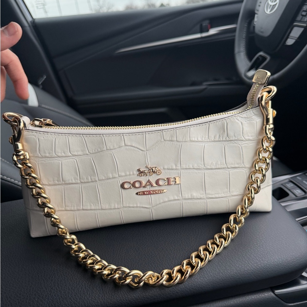 Coach Croc-Embossed Shoulder Bag in Cream with Gold Hardware